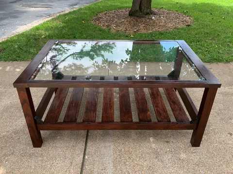 A coffee table Sean built from oak, with a glass inset top